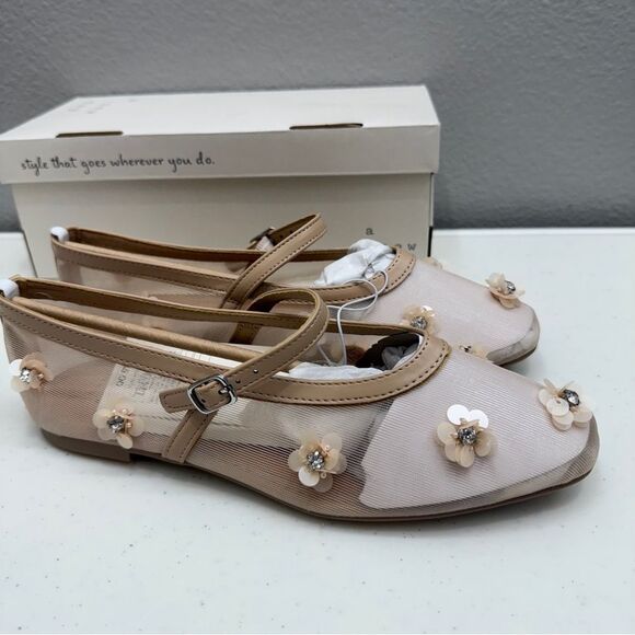 Mary Jane Shoes Size 8 Cream Floral Embellished Flats Memory Foam - Picture 4 of 9